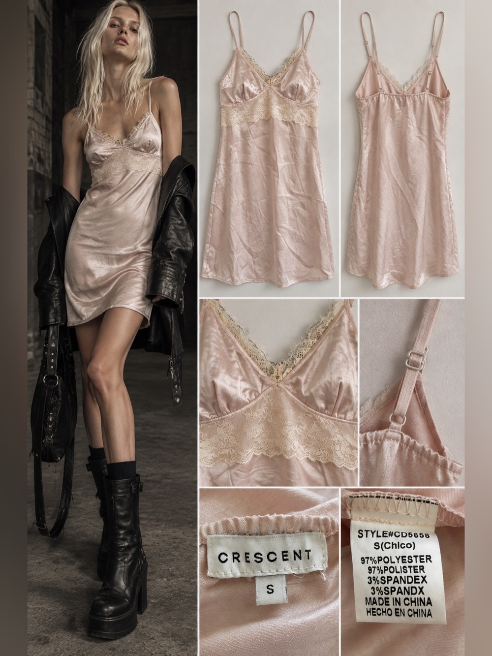 CRESCENT Blush Pink Satin Lace Slip Dress Nightgown S Cottage Romantic
